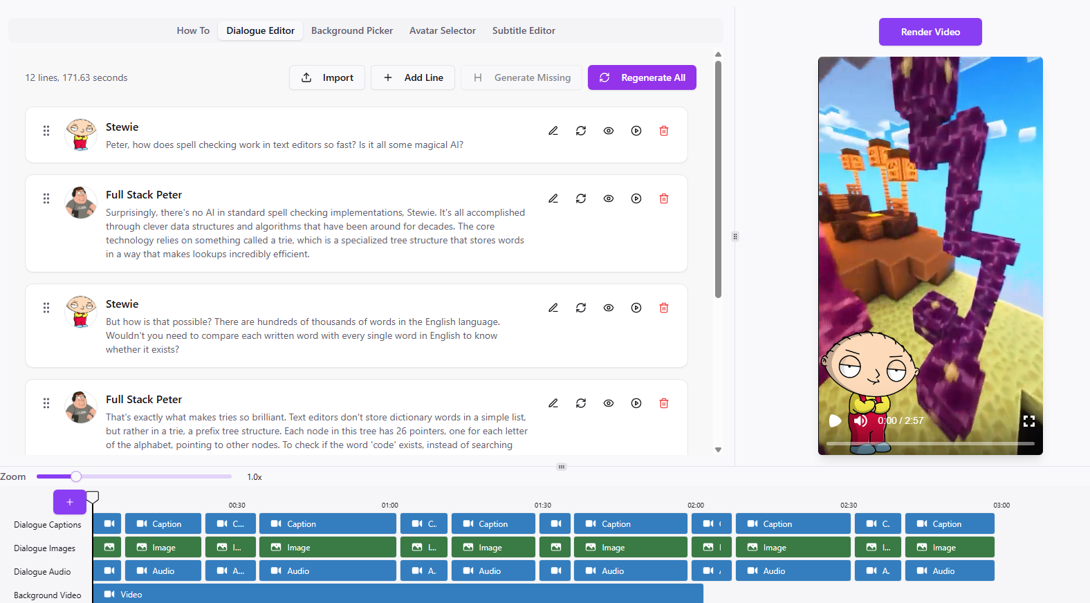 DialogueLab.ai application interface showing dialogue editor and video preview